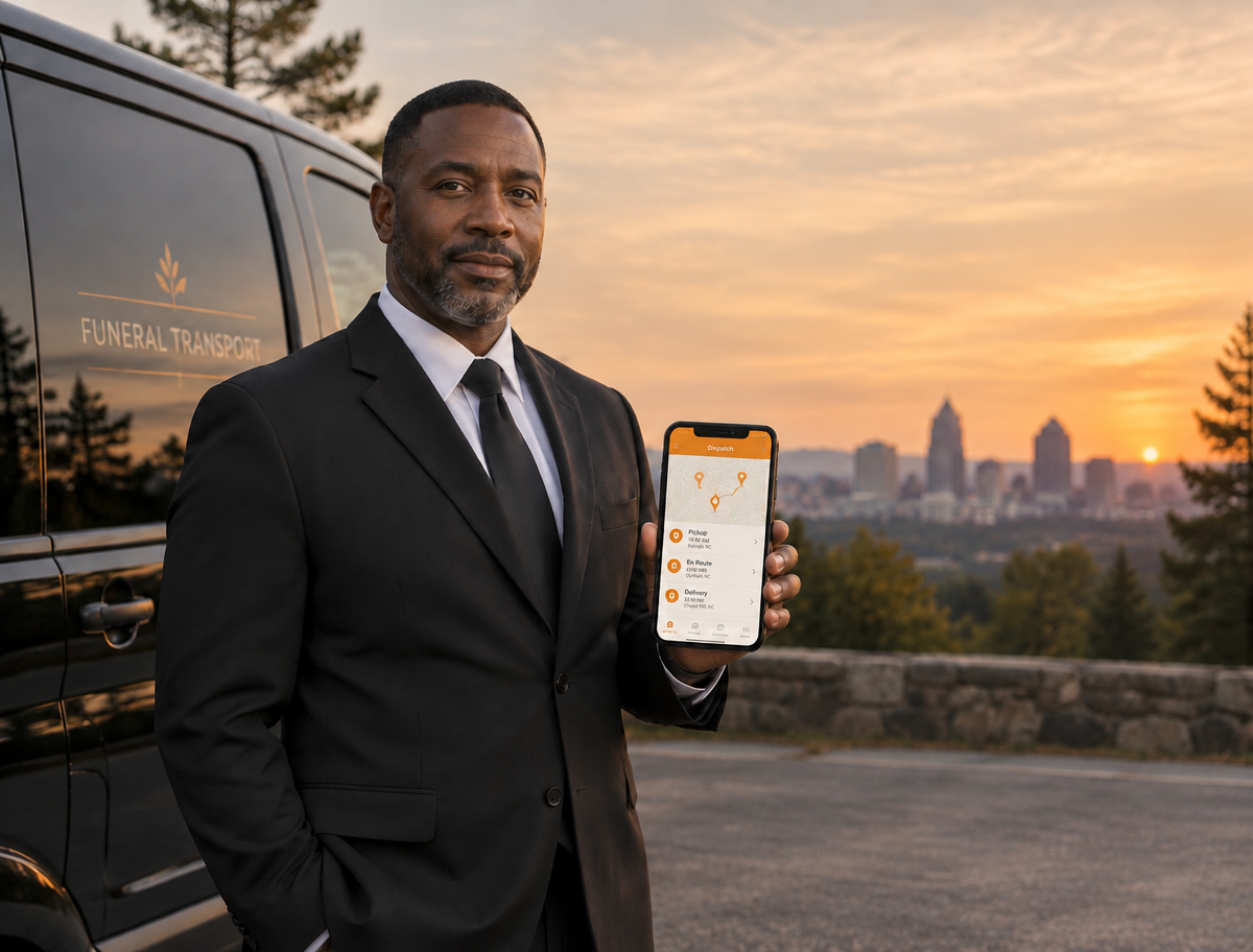 A funeral professional holding a phone with the MorTrack dispatch app, in front of a North Carolina skyline and state silhouette